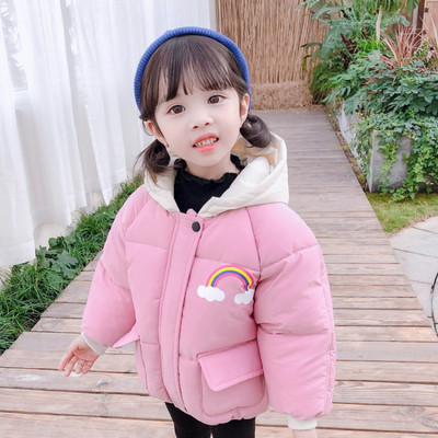 Modern gyerek téli kabát lányoknak kapucnival és színes bézs és rózsaszín rátéttel