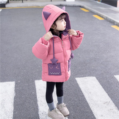 Modern gyerekkabát kapucnival és nyakkendővel lányoknak sárga és rózsaszín színben