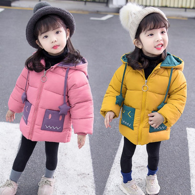 Modern gyerekkabát kapucnival és nyakkendővel lányoknak sárga és rózsaszín színben