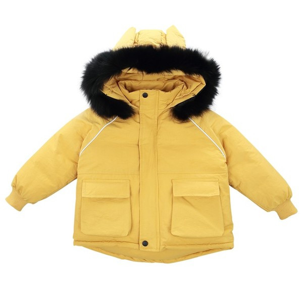 Modern gyerek kabát fiúknak pehelypel és kapucnival sárga, kék és fekete színben