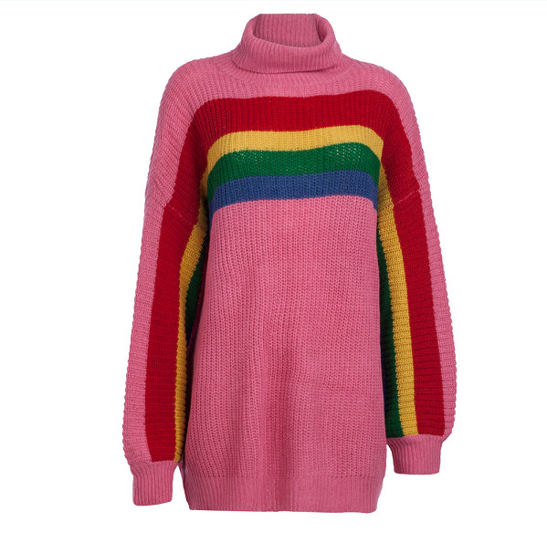 Νέο μοντέλο γυναικείο πλεκτό πουλόβερ με μεγάλο κολάρο σε λευκό, πράσινο και ροζχρώμα