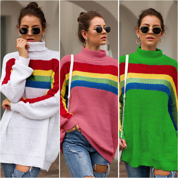 Νέο μοντέλο γυναικείο πλεκτό πουλόβερ με μεγάλο κολάρο σε λευκό, πράσινο και ροζχρώμα