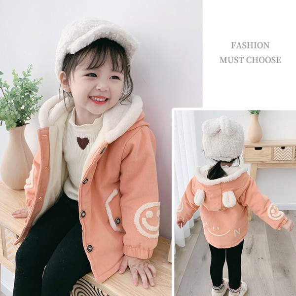 Geaca de iarna casual pentru copii pentru fete cu gluga si nasturi de culoare verde, roz si galben