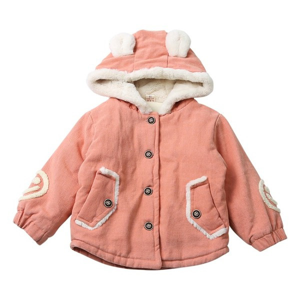 Geaca de iarna casual pentru copii pentru fete cu gluga si nasturi de culoare verde, roz si galben