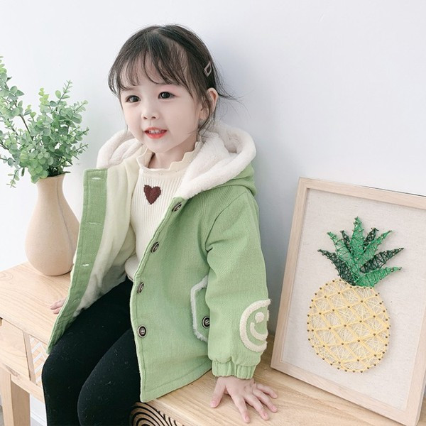 Geaca de iarna casual pentru copii pentru fete cu gluga si nasturi de culoare verde, roz si galben