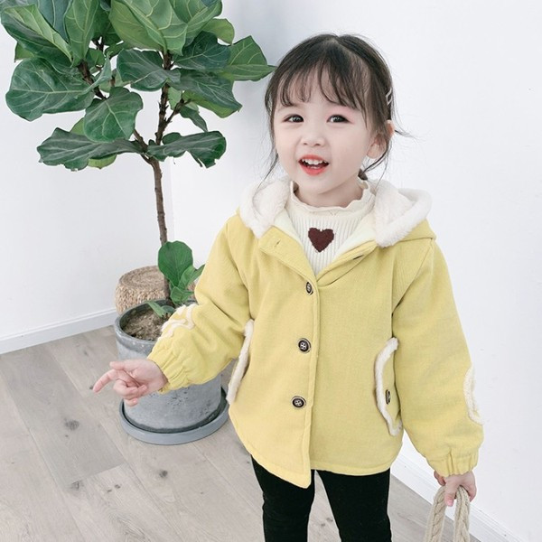 Geaca de iarna casual pentru copii pentru fete cu gluga si nasturi de culoare verde, roz si galben