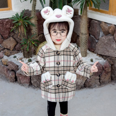 Μοντέρνο παιδκό παλτό για κορίτσια με κουμπιά και κουκούλα σε καφέ και μπλε χρώμα