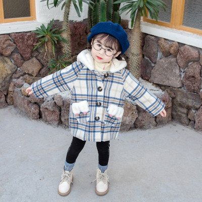 Μοντέρνο παιδκό παλτό για κορίτσια με κουμπιά και κουκούλα σε καφέ και μπλε χρώμα