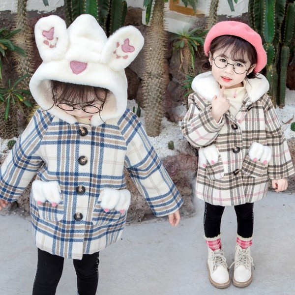 Μοντέρνο παιδκό παλτό για κορίτσια με κουμπιά και κουκούλα σε καφέ και μπλε χρώμα