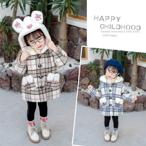 Μοντέρνο παιδκό παλτό για κορίτσια με κουμπιά και κουκούλα σε καφέ και μπλε χρώμα