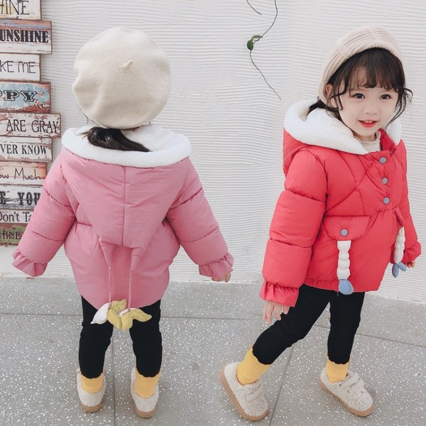 Geaca moderna pentru copii cu gluga si element 3D pentru fete in rosu, roz si verde