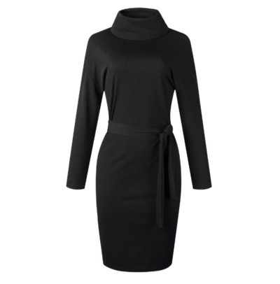 Modern női ruha magas pólógallérral és övvel szürke, kék és fekete színben