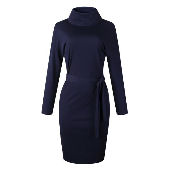 Modern női ruha magas pólógallérral és övvel szürke, kék és fekete színben