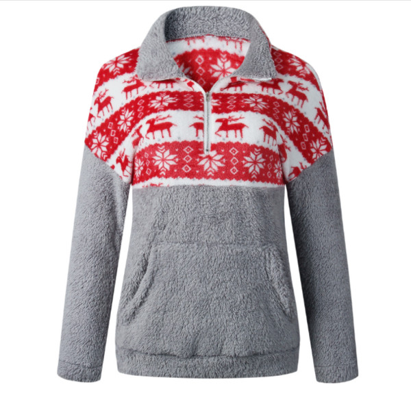 Modern női pulóver cipzárral és fehér és szürke mintával