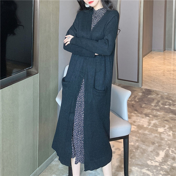 Μακρύ ζακέτα με τσέπες σε μαύρο και μπεζ - χωρίς κουμπιά