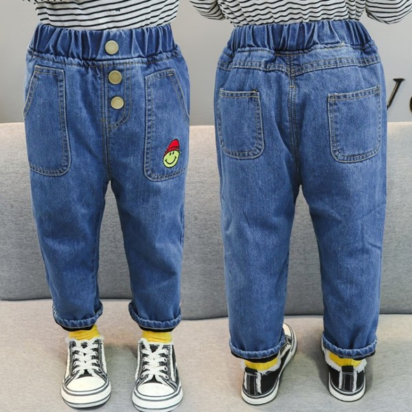 Модерни детски дънки с апликация и копчета в син цвят за момичета