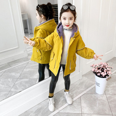 Μοντέρνο παιδικό μπουφάν για κορίτσια με κουκούλα και φερμουάρ σε κίτρινο, πράσινο και ροζ χρώμα