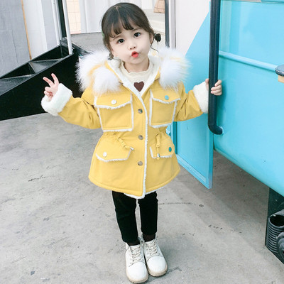 Modern gyerekkabát lányoknak rózsaszín és sárga kapucnival