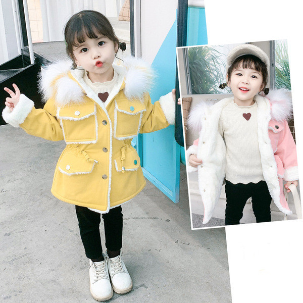 Modern gyerekkabát lányoknak rózsaszín és sárga kapucnival