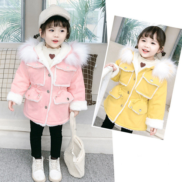 Modern gyerekkabát lányoknak rózsaszín és sárga kapucnival
