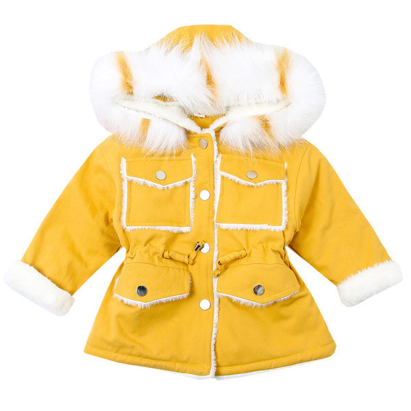 Modern gyerekkabát lányoknak rózsaszín és sárga kapucnival