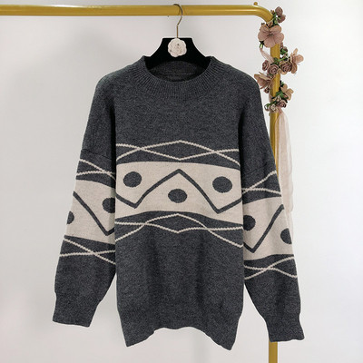 Női hosszú téli pulóver szürke, fehér és barna színben, mintával