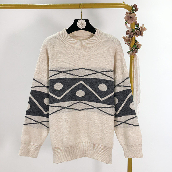 Női hosszú téli pulóver szürke, fehér és barna színben, mintával