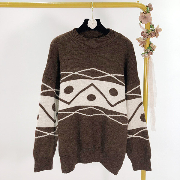 Női hosszú téli pulóver szürke, fehér és barna színben, mintával