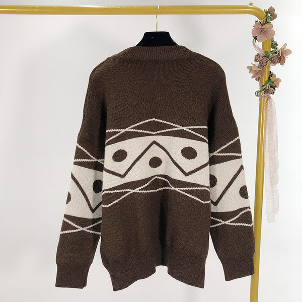 Női hosszú téli pulóver szürke, fehér és barna színben, mintával