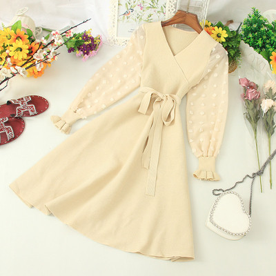 Γυναικείο καθημερινό πλεκτό φόρεμα με ζώνη και λαιμόκοψη στο μαύρο, μπεζ και ροζ χρώμα