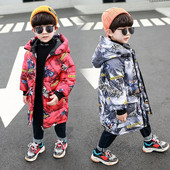 Geaca lunga pentru copii model nou cu gluga pentru baieti in rosu si gri