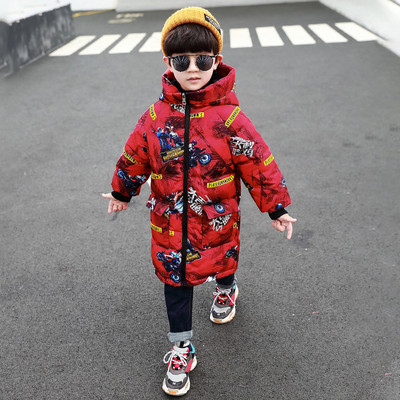 Geaca lunga pentru copii model nou cu gluga pentru baieti in rosu si gri