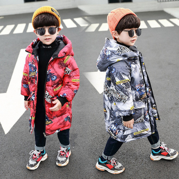 Geaca lunga pentru copii model nou cu gluga pentru baieti in rosu si gri