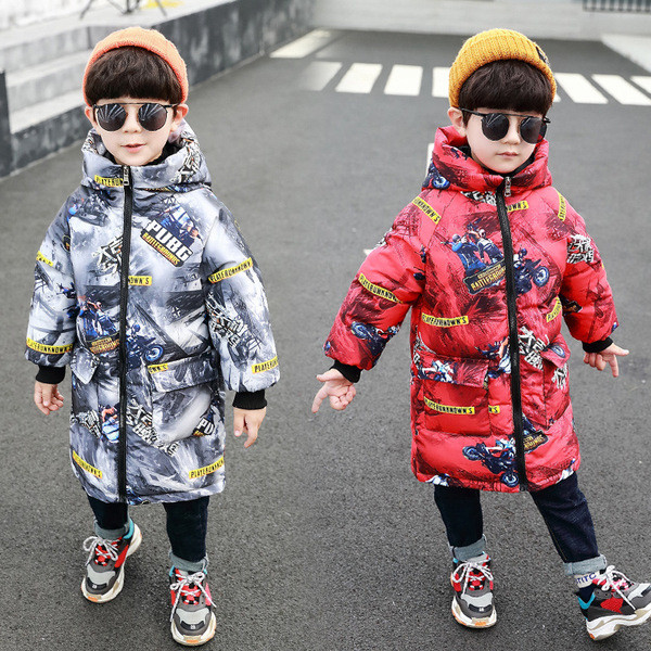 Geaca lunga pentru copii model nou cu gluga pentru baieti in rosu si gri