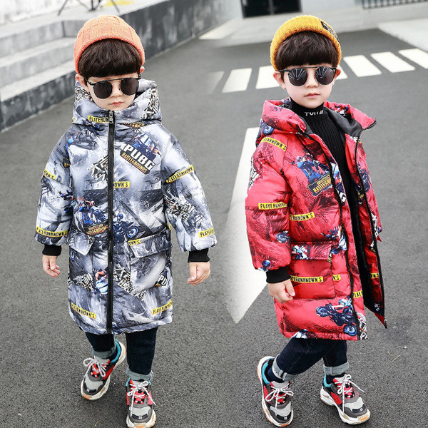 Geaca lunga pentru copii model nou cu gluga pentru baieti in rosu si gri