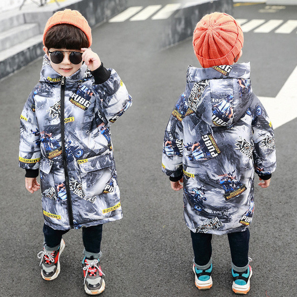 Geaca lunga pentru copii model nou cu gluga pentru baieti in rosu si gri