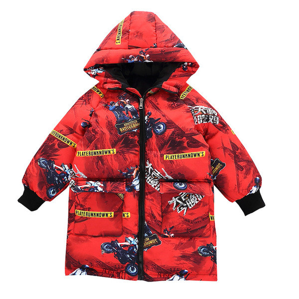 Geaca lunga pentru copii model nou cu gluga pentru baieti in rosu si gri