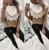 Modern női blúz ovális nyakkivágással és bézs színű hosszú ujjal