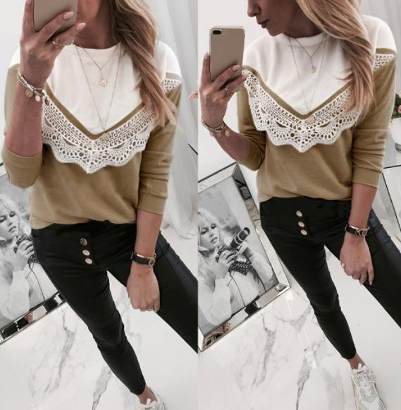 Modern női blúz ovális nyakkivágással és bézs színű hosszú ujjal