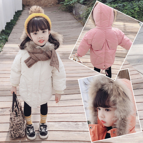 Modern, kapucnis gyerekkabát lányoknak rózsaszín, narancssárga és bézs színben