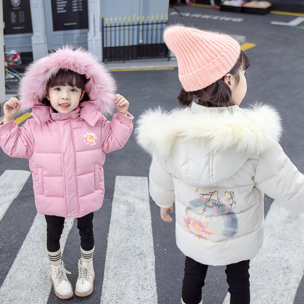 Gyerek téli kabát kapucnival és rátéttel lányoknak fehér és rózsaszín színben
