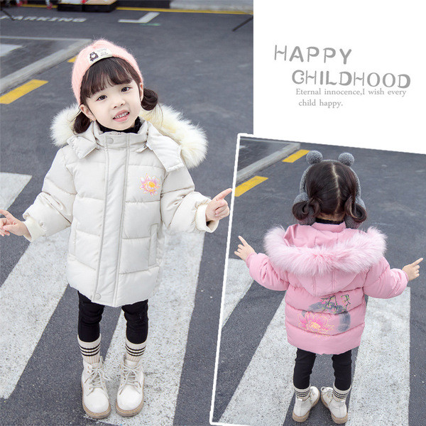 Gyerek téli kabát kapucnival és rátéttel lányoknak fehér és rózsaszín színben