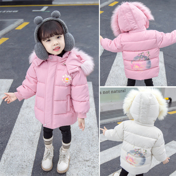 Gyerek téli kabát kapucnival és rátéttel lányoknak fehér és rózsaszín színben