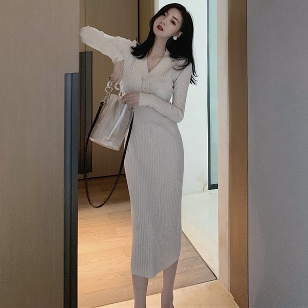 Μακρόστενο πλεκτό φόρεμα με κουμπιά - δύο χρώματα