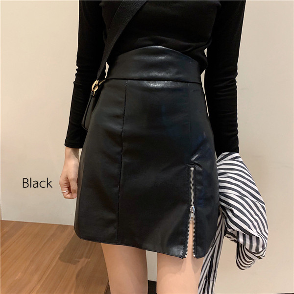 Öko bőrből készült rövid modern szoknya magas derékkal és cipzárral