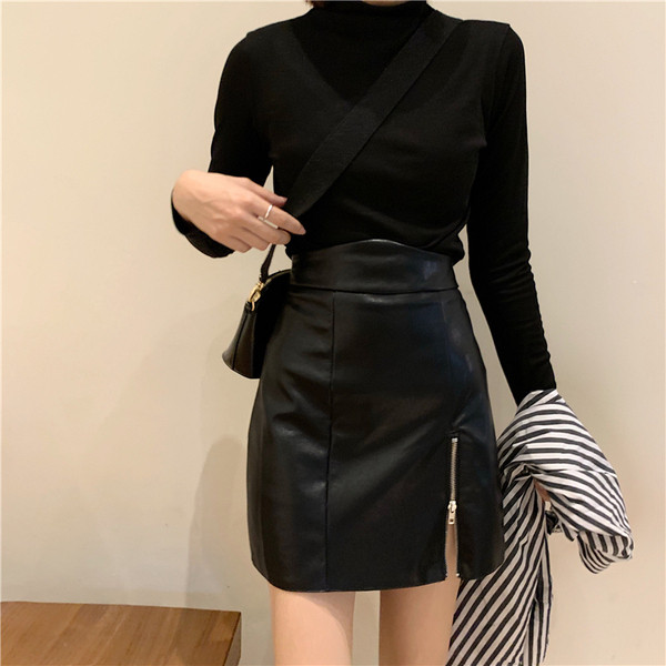 Öko bőrből készült rövid modern szoknya magas derékkal és cipzárral