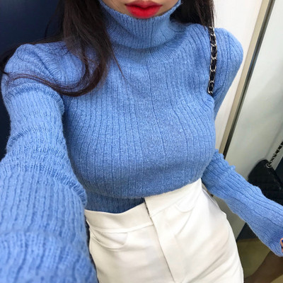 Γυναικεία καθημερινό πουλόβερ με κολάρο και μακρύ μανίκι σε μπλε, ροζ και λευκό χρώμα