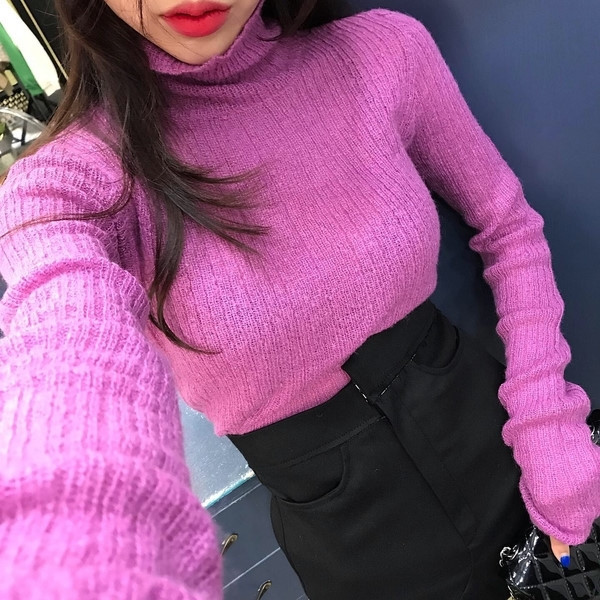 Γυναικεία καθημερινό πουλόβερ με κολάρο και μακρύ μανίκι σε μπλε, ροζ και λευκό χρώμα