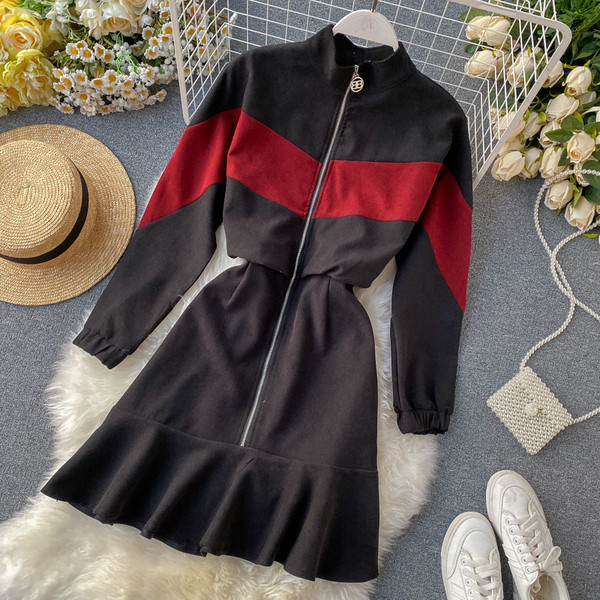 Modern női ruha cipzárral és alacsony gallérral három színben