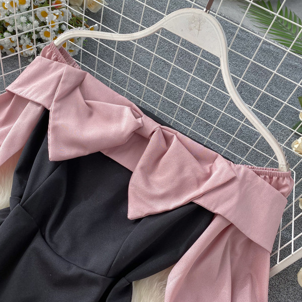 Modern női ruha rózsaszín és sárga szalaggal